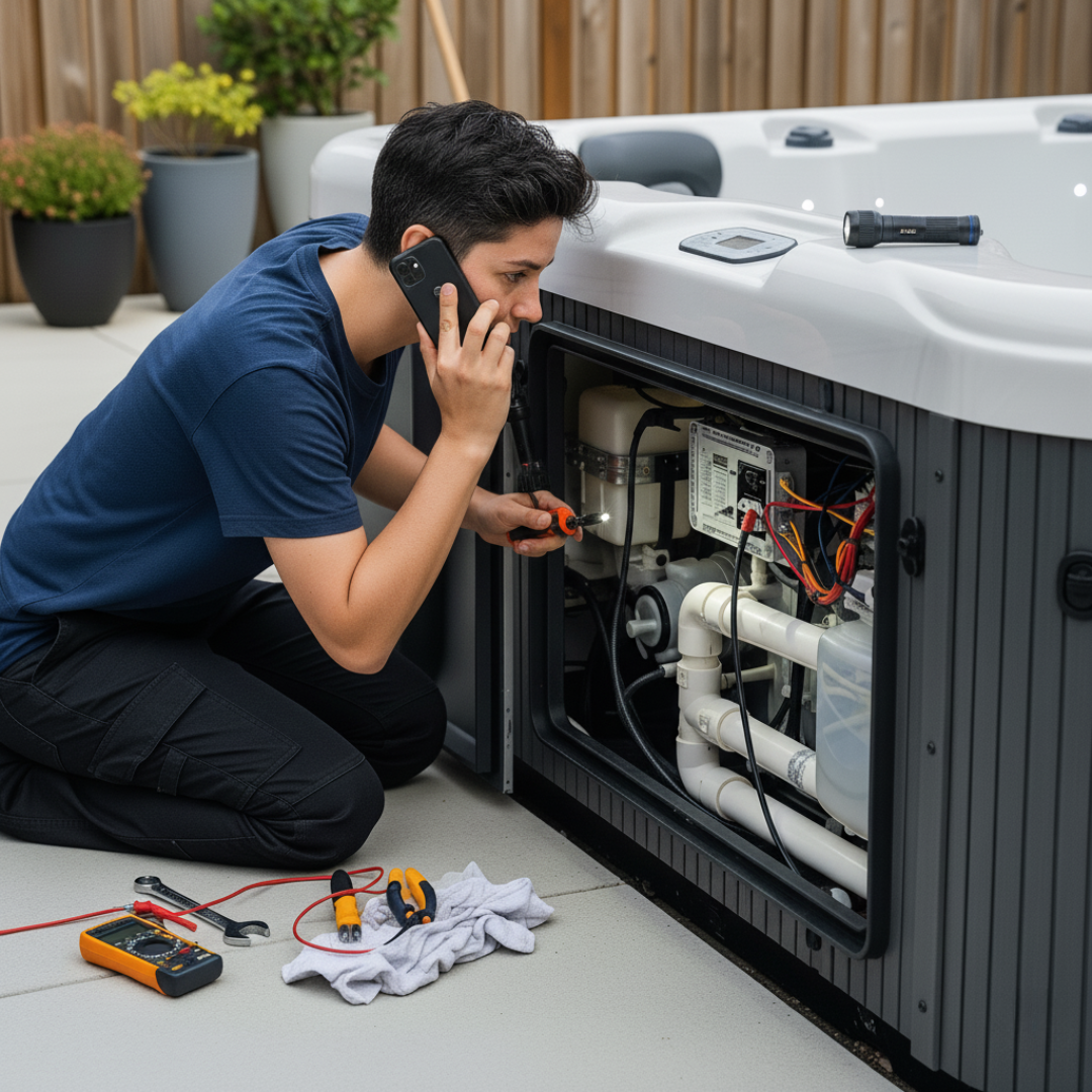 Technician on the phone troubleshooting a spa