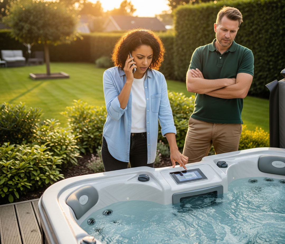 Technician on the phone troubleshooting a spa